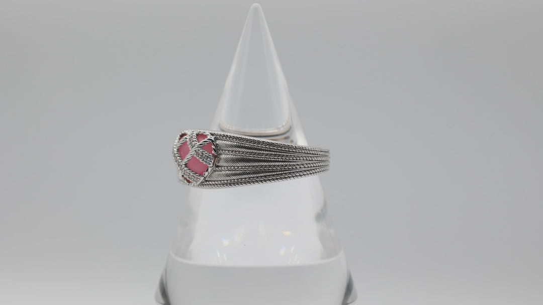 Judith Ripka 925 Sterling Silver Pink Quartz Heart Hinged Cuff Bracelet