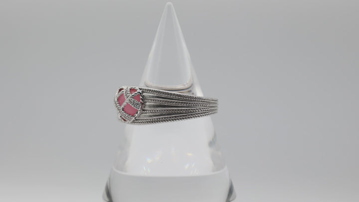 Judith Ripka 925 Sterling Silver Pink Quartz Heart Hinged Cuff Bracelet