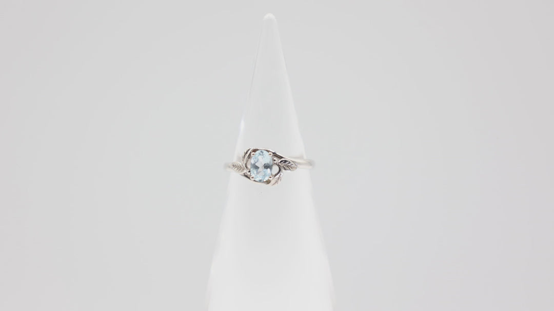 925 Sterling Silver Leaf Band Ring with 6x4mm Oval Blue Topaz Stone Size 4.75