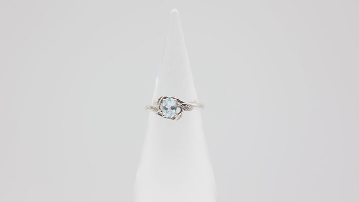 925 Sterling Silver Leaf Band Ring with 6x4mm Oval Blue Topaz Stone Size 4.75
