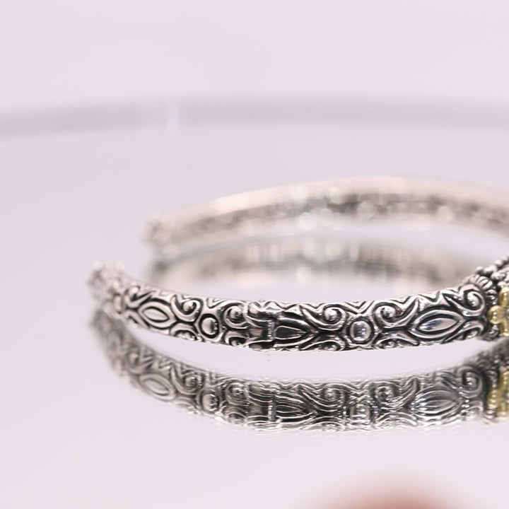 925 Sterling Silver Bixby Hinged Cuff Bracelet with Carved Mother of Pearl and 18k Gold Accents