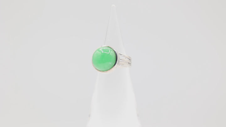 925 Sterling Silver 13.80 mm Jadeite Round Ring- Size 8- 9.25g