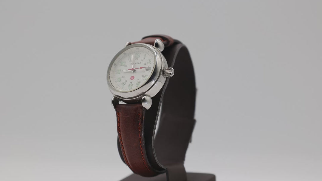 Michele Stainless Steel & Brown Leather Watch
