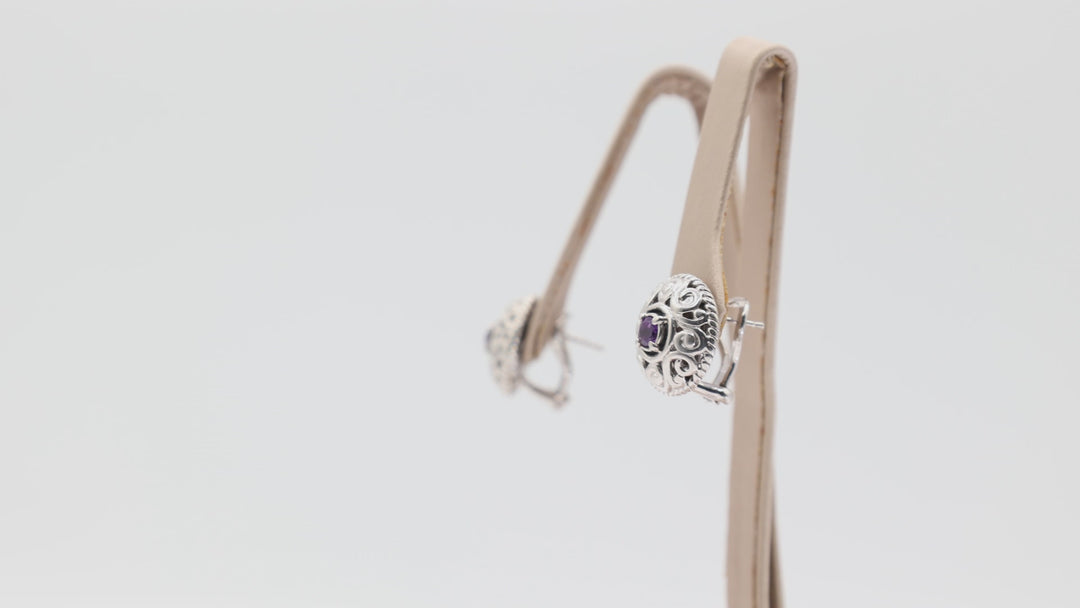 925 Sterling Silver Carolyn Pollack Round Filigree Amethyst Stone Earrings