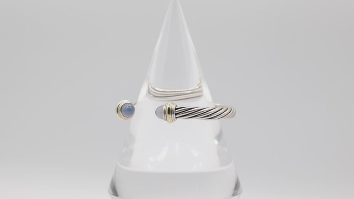 David Yurman 925 Silver & Blue Chalcedony Cable Cuff Bracelet w/14k Gold Accents