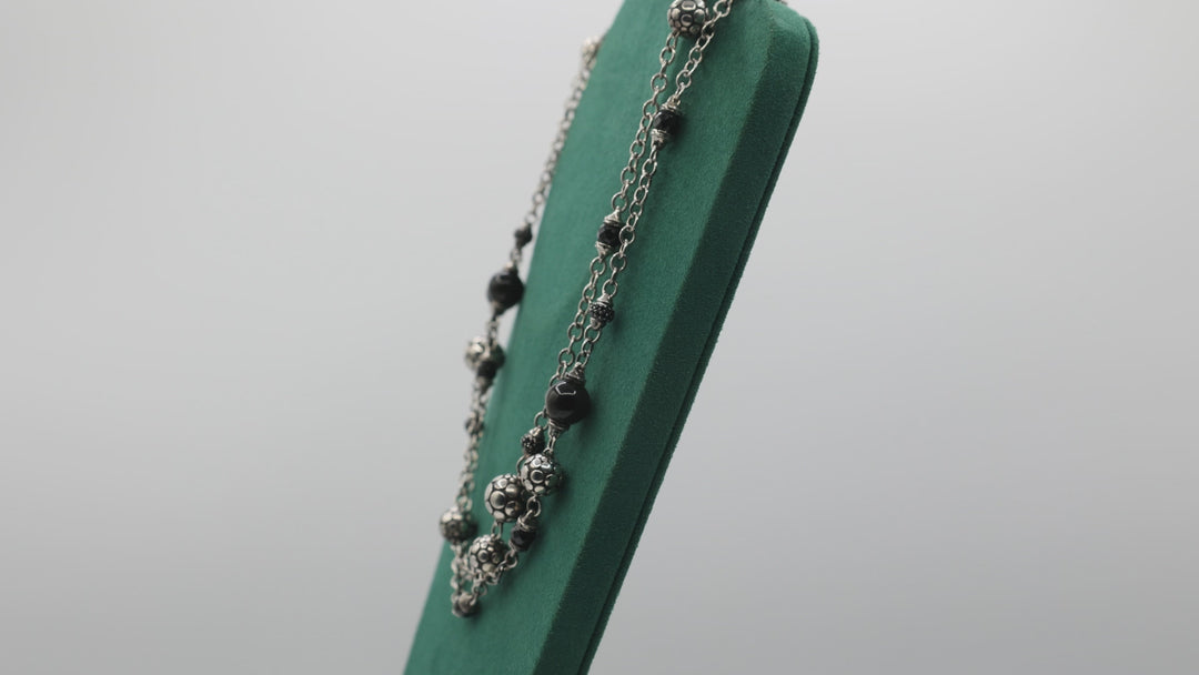 John Hardy 925 Sterling Silver Dotted Ball Station Necklace With Black Gemstones