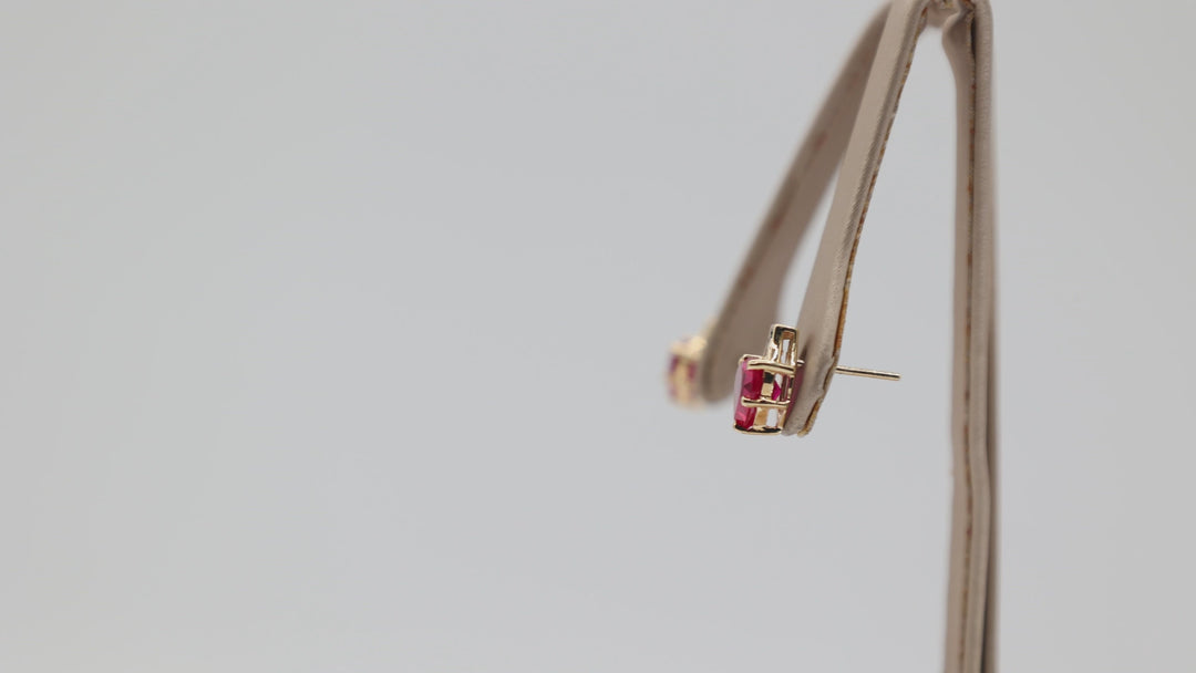 14K Yellow Gold Pink Sapphire Hearts And Diamond Stud Earrings