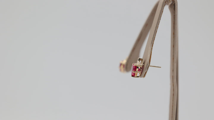 14K Yellow Gold Pink Sapphire Hearts And Diamond Stud Earrings