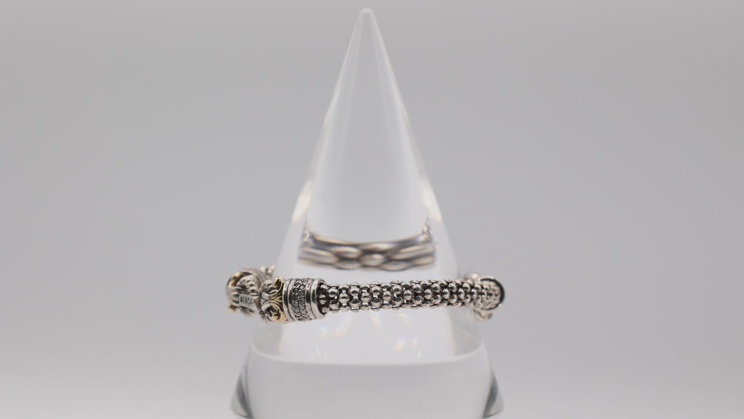 925 Silver and 14K Yellow Gold White Accent Caviar Style Bracelet 7 Inch