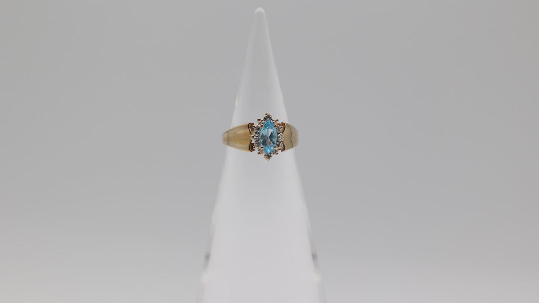 10K Yellow Gold Vintage Marquise Blue Topaz and White Diamond Accent Ring