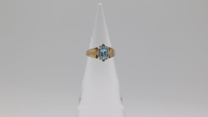 10K Yellow Gold Vintage Marquise Blue Topaz and White Diamond Accent Ring