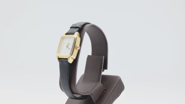 Quantum Women's Small Square Watch with Gold Trim and Black Leather Band