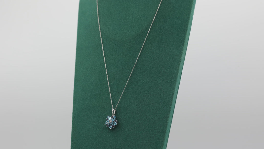 14K White Gold Blue Topaz Amethyst White Diamond Flower Pendant Necklace 18in