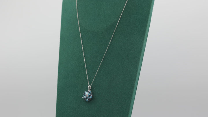 14K White Gold Blue Topaz Amethyst White Diamond Flower Pendant Necklace 18in