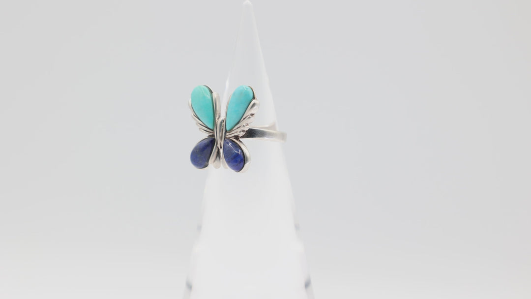 925 Sterling Silver Turquoise and Lapis Blue Butterfly Ring Size 8