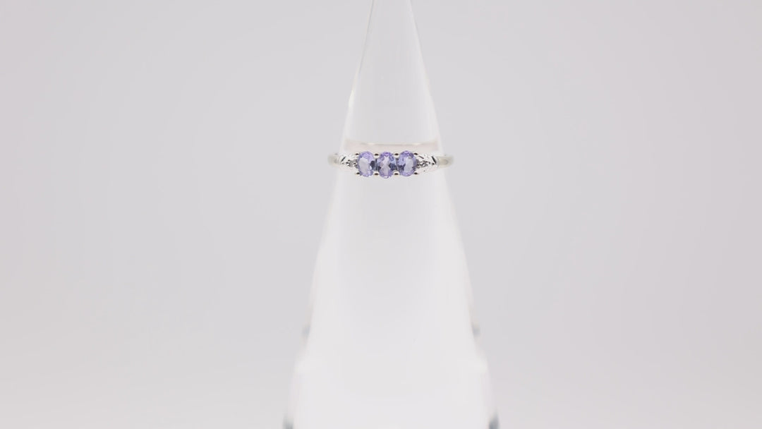 10k White Gold 3 Amethyst Oval Stones with 2 white diamonds Ring - Size 7