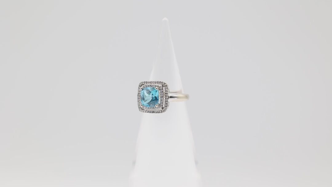 14k White Gold Square Ring With Topaz Stone And Diamonds Size 6.75