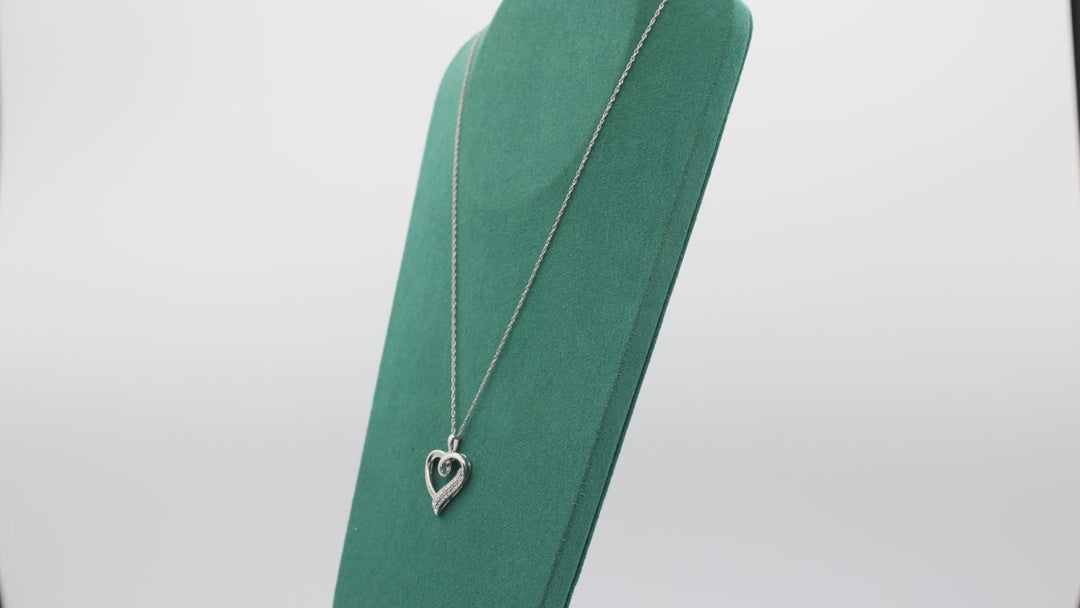 14k White Gold Heart Necklace with White Diamonds and Black Onyx Stones 18in