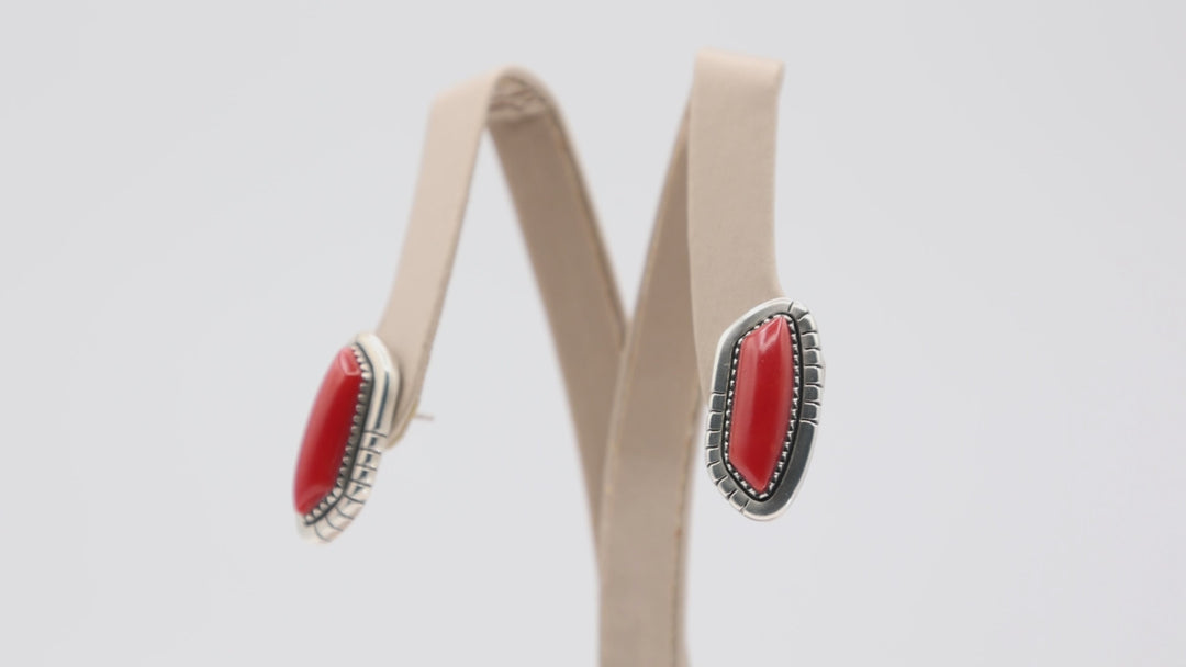 925 Sterling Silver Coral Red Southwest Style Earrings Set