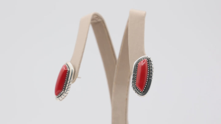 925 Sterling Silver Coral Red Southwest Style Earrings Set