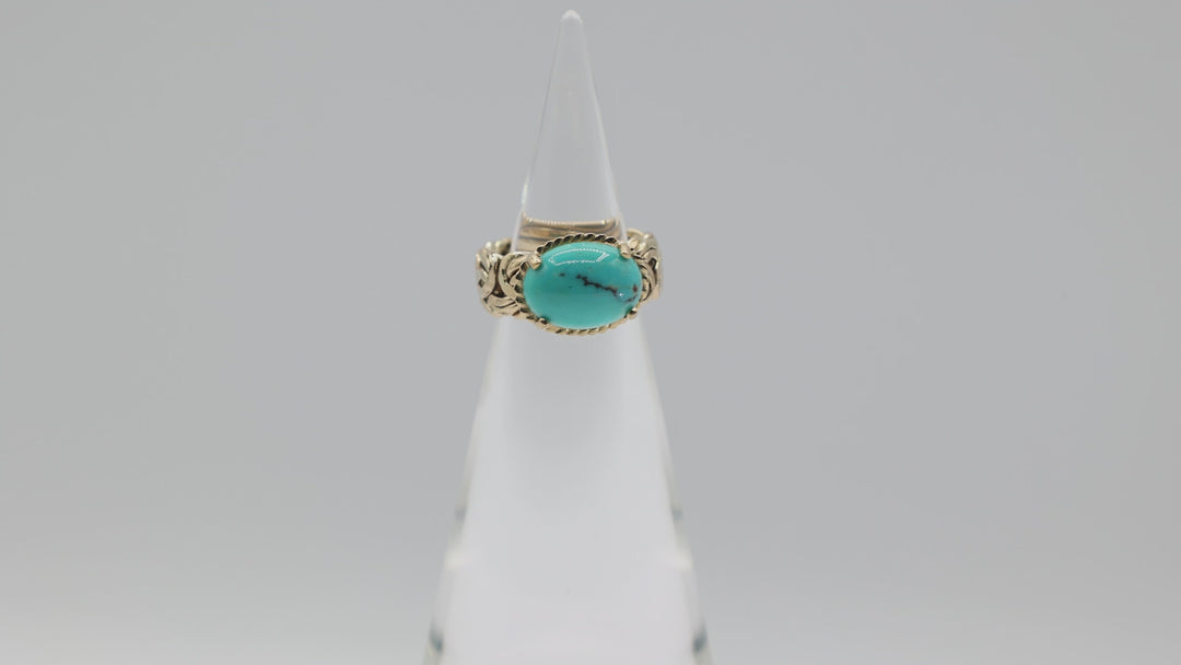 14K Yellow Gold Braided Band Turquoise Cabochon Ring 6.5