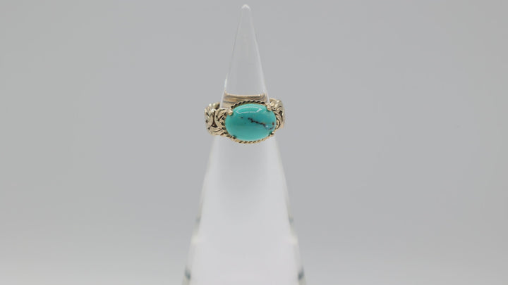 14K Yellow Gold Braided Band Turquoise Cabochon Ring 6.5