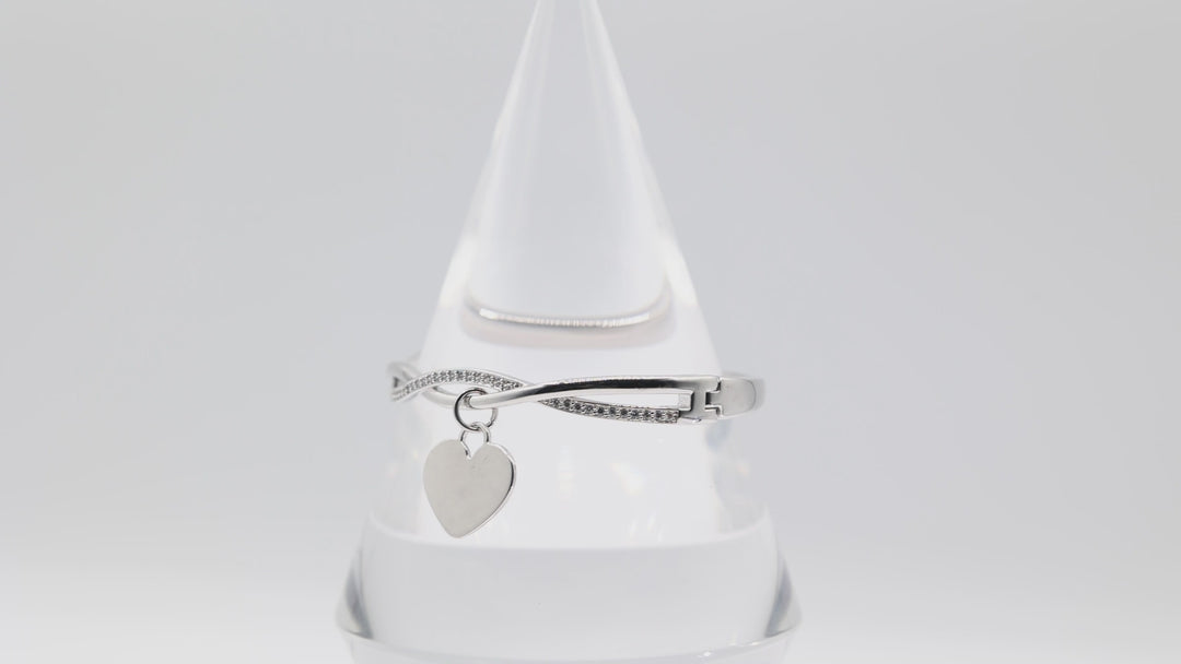 Silver Tone Twisted Crystal Rhinestone Hinged Bracelet with Heart Charm