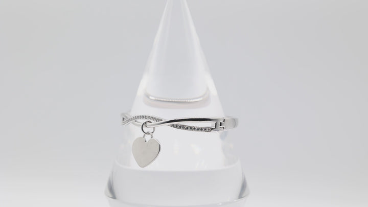 Silver Tone Twisted Crystal Rhinestone Hinged Bracelet with Heart Charm