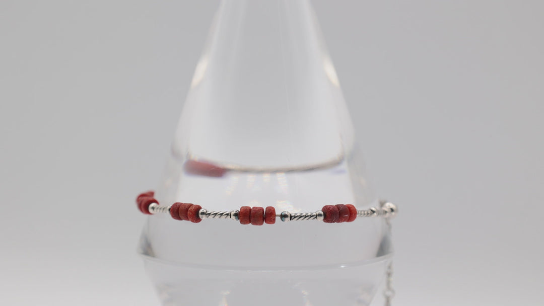 925 Sterling Silver Beaded Coral 10 Inch Anklet