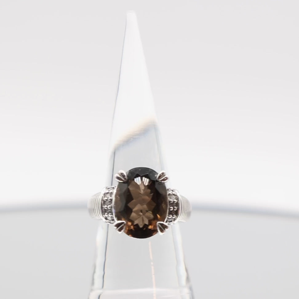 925 Sterling Silver Judith Ripka Ring with Smokey Topaz and Cubic Zirconia Gemstones  - Size 8