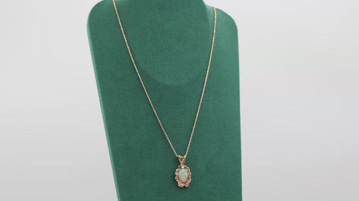 14K Yellow Gold Oval Opal Necklace 11mm By 8mm With 2.30mm Diamonds 24 Inch