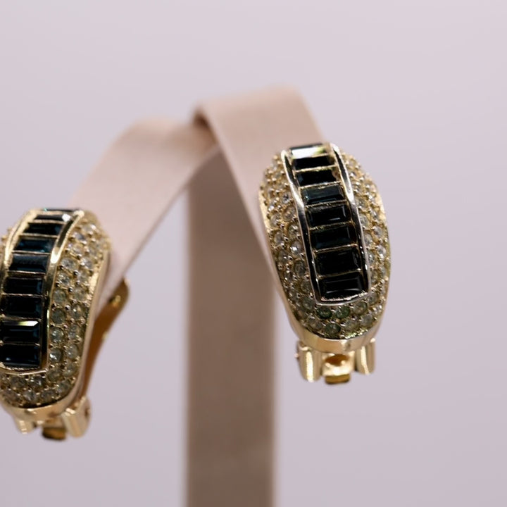 Christian Dior Gold plated 1970's Blue Sapphire and White Crystal Hoop Clip Earrings