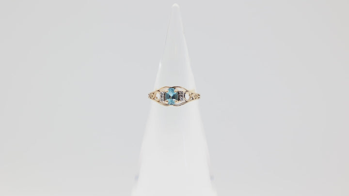 14k Yellow Gold Blue Aquamarine and Diamond Filigree Ring Size 5.75