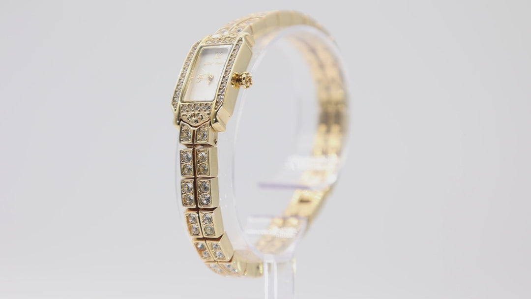 Betsy Johnson Yellow Gold Tone with Double White Crystal Band & Crystal Bezel Watch