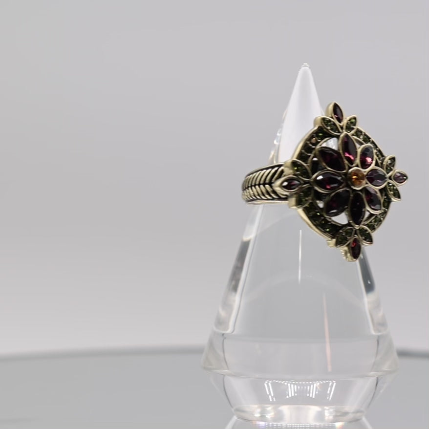 Brass Heidi Daus Green, Purple, Yellow, Rhinestone Ring - Size 10.25