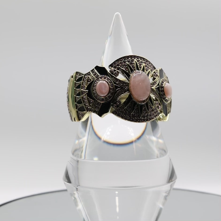 Brass Heidi Daus Hinged Bracelet with Pink Rhinestones,  Enamel, and Quartz - 6.25 inches
