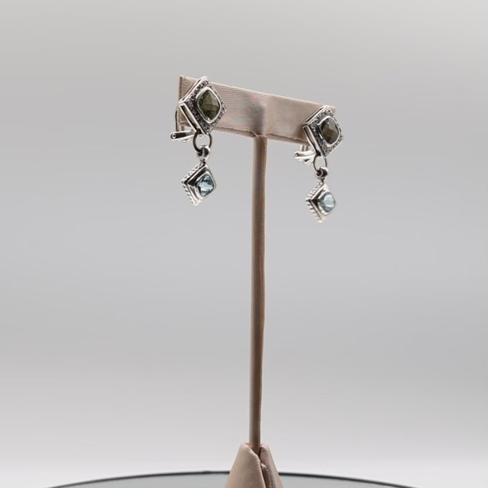 925 Sterling Silver and 14k Yellow Gold Peridot and Blue Topaz Dangle Earrings