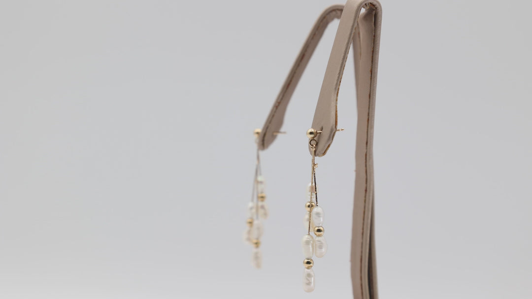 14K Yellow Gold Multi Chain Pearl Elegant Dangle Earrings