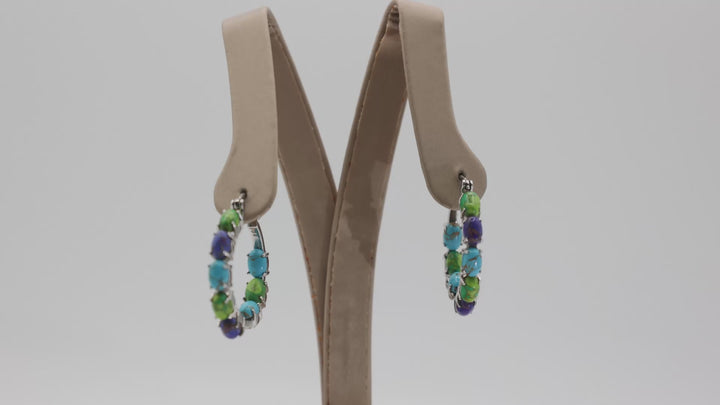 925 Sterling Silver Blue, Green & Purple Beaded Turquoise Hoop Earrings