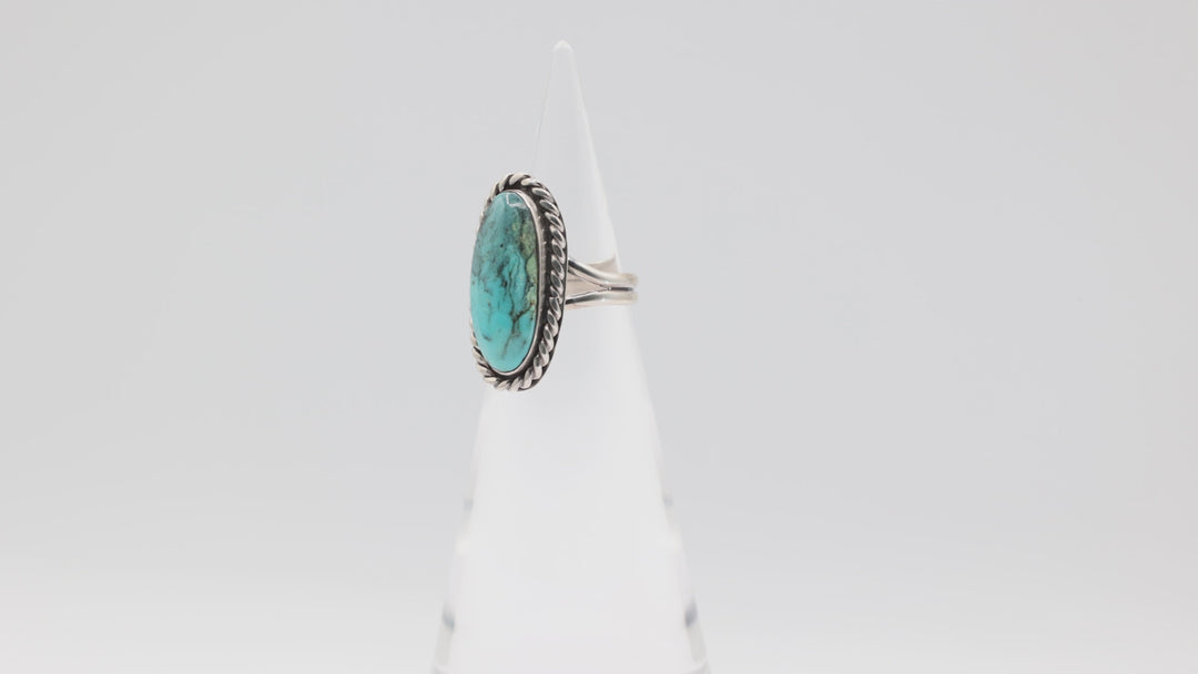 925 Sterling Silver Turquoise Stone Braided Halo Ring Size 6.5