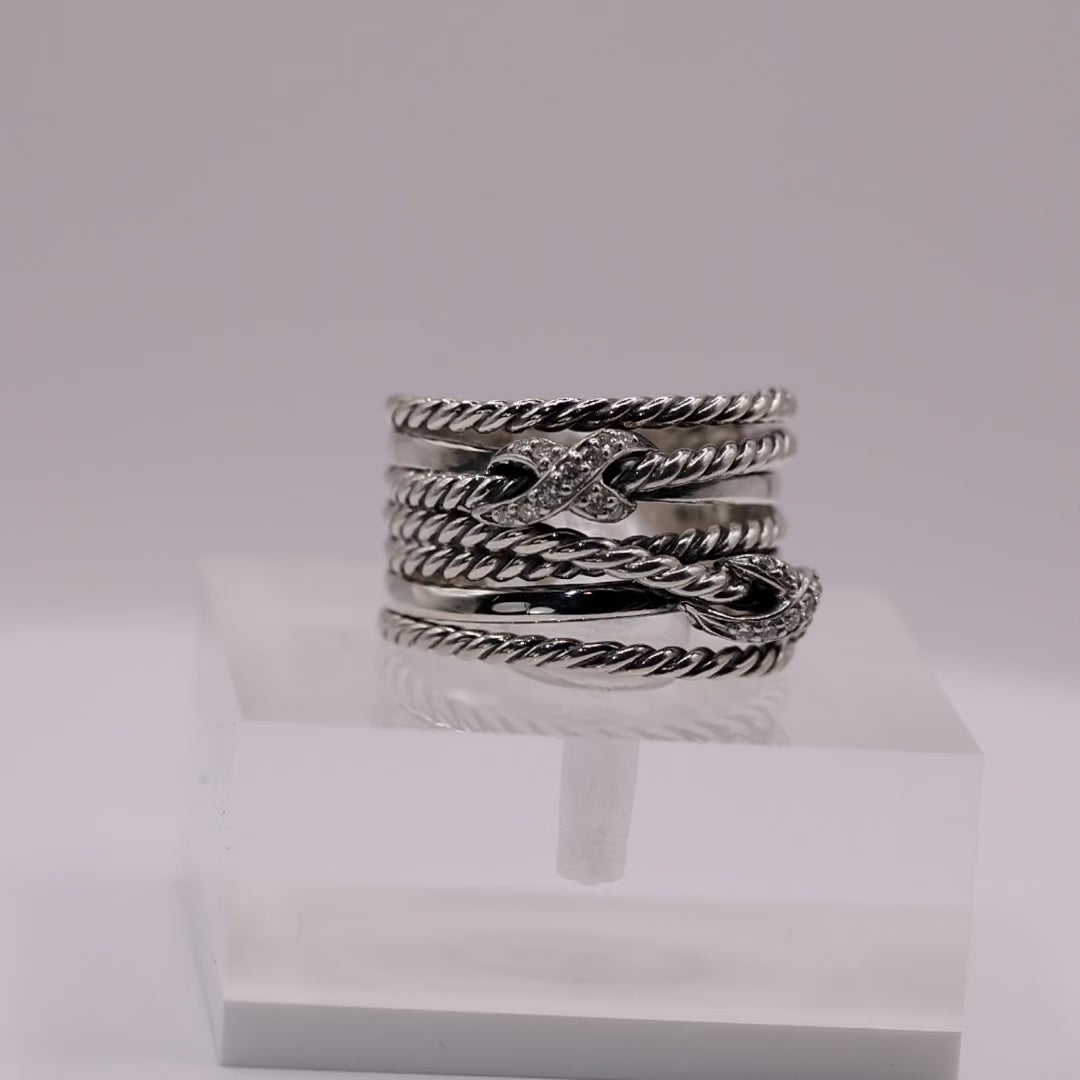 925 Sterling Silver David Yurman Double X Cross Over Ring with Diamonds - Size 6.5
