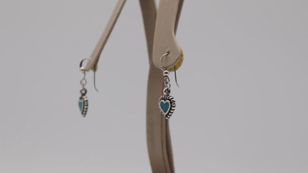 Silver Faux Turquoise Heart Dangle Earrings - 3.35 g