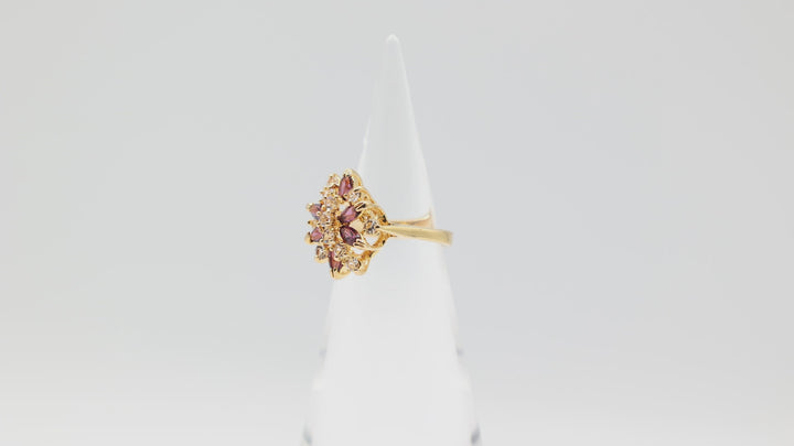 11k Yellow Gold Purple and White Floral Stones Ring Size 8.5