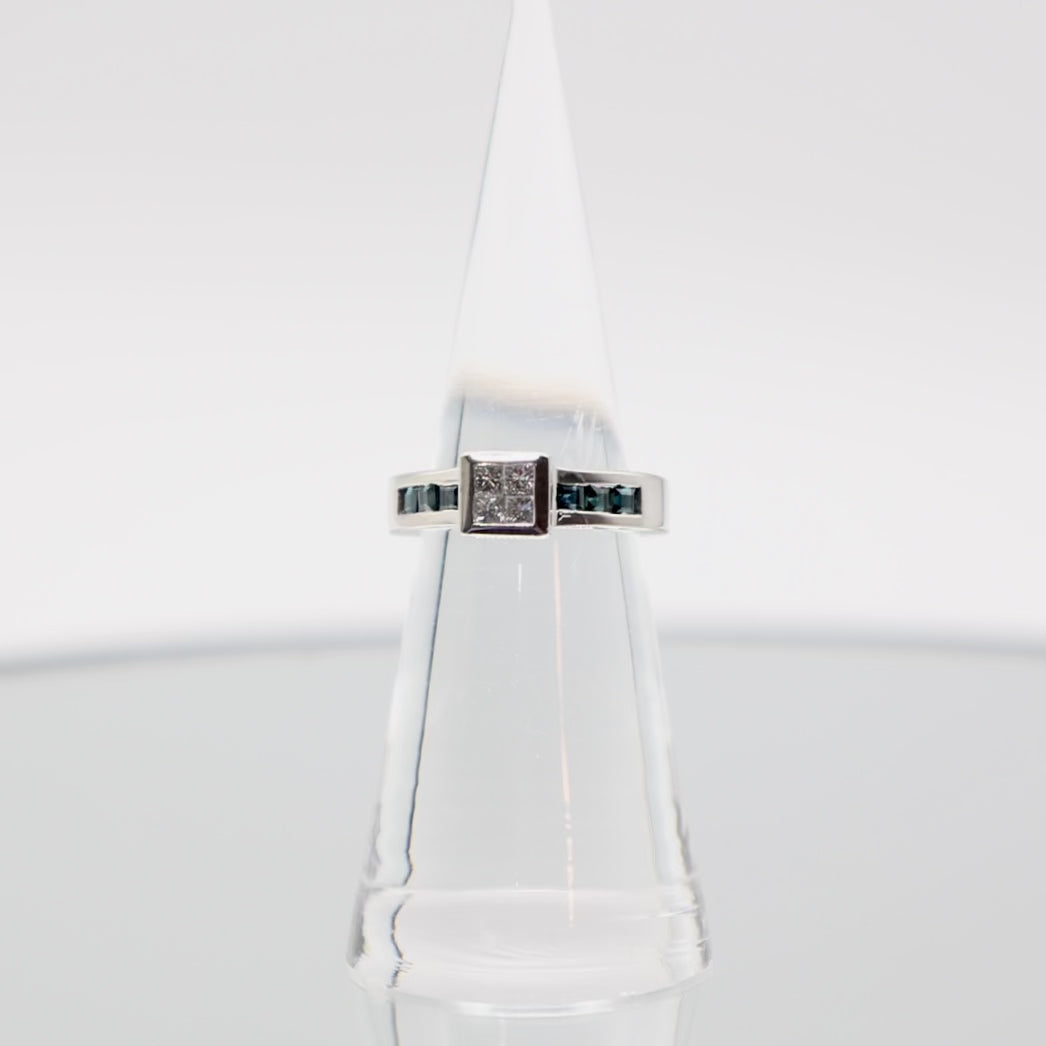 14k White Gold Princess Cut Invisible Set Diamond and Sapphire Ring - Size 4.5