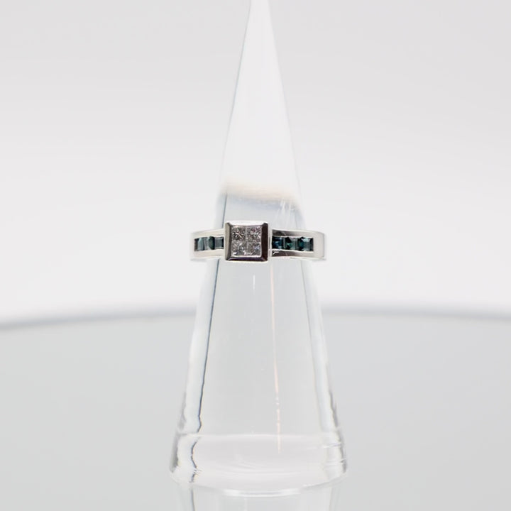 14k White Gold Princess Cut Invisible Set Diamond and Sapphire Ring - Size 4.5