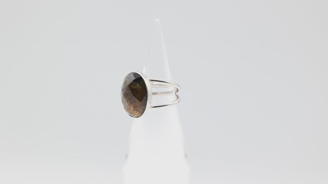 925 Silver Tiger's Eye Oval Stone Double Band Ring 19mm x 15mm
