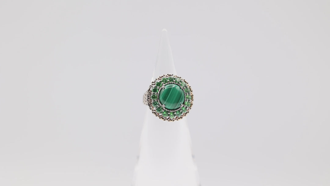 Dual Tone Ring with Rhinestones and Accented Malachite Size- 7