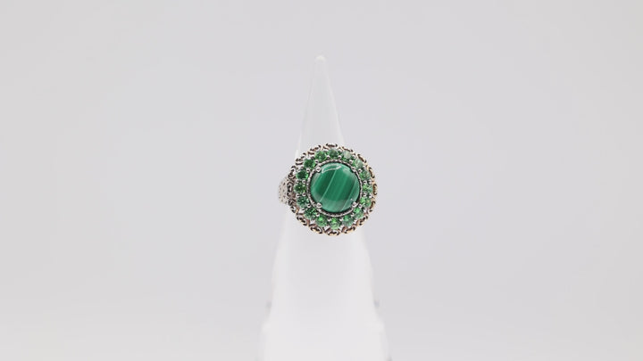 Dual Tone Ring with Rhinestones and Accented Malachite Size- 7