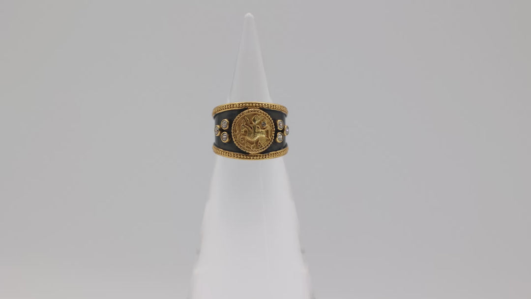 Julie Vos Gold Tone Raised Circular Emblem Coin Crest CZ Cuff Ring Size 7