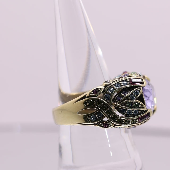 Heidi Daus Purple Rhinestone Cocktail Brass Ring - Size 7